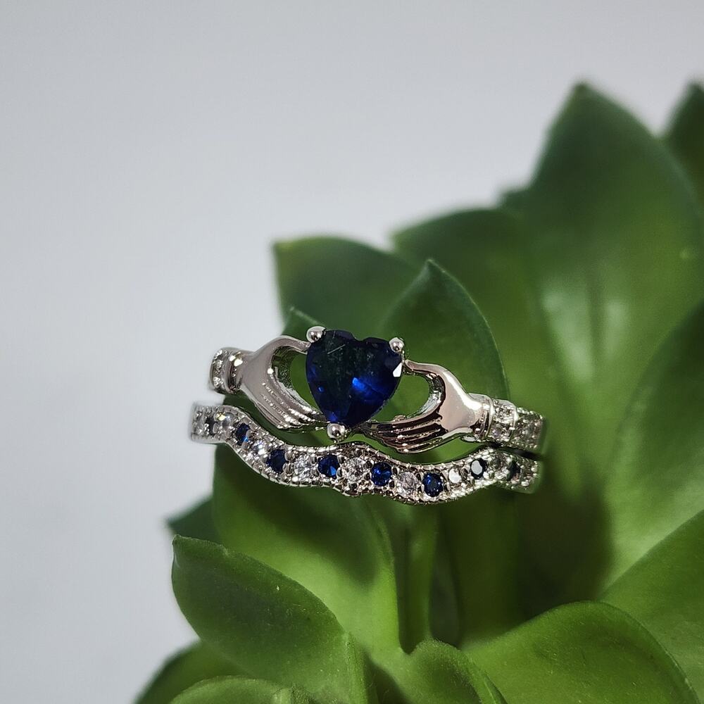 Blue Heart Silver Bridal Ring Set Women's 12